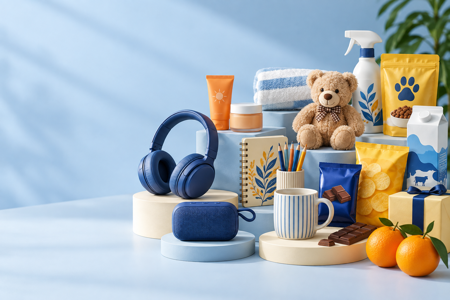 Quick-commerce assortment: electronics, personal care, home essentials, stationery, toys, snacks and groceries